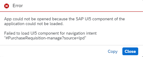 SAPUI5 component of the application could not be loaded